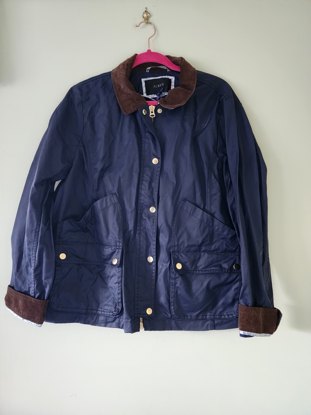 J. Crew Navy Light Weight Barn Jacket with Brown Corduroy Collar